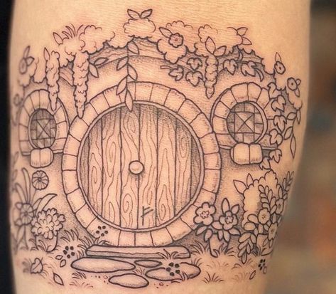 Lotr Leg Tattoo, Hobbit House Tattoo, Tattoo Calf Sleeve, Lotr Pottery, Fairy Door Tattoo, Hobbit Door Tattoo, Hobbit Hole Tattoo, Hobbit Tattoo Ideas, Cute Animals Tattoos