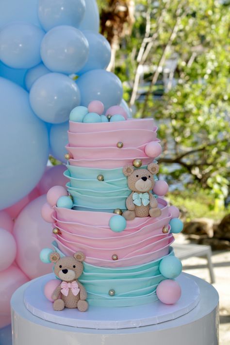 Gender reveal Bear Cake Gender Reveal, Gender Reveal Cake With Teddy Bears, Gummy Bear Gender Reveal, Decoration For Gender Reveal Party, Teddy Gender Reveal, Gender Reveal Teddy Bear Theme Cake, Gender Reveal Cake Teddy Bear, Teddy Bear Gender Reveal Theme, 2 Tier Gender Reveal Cake