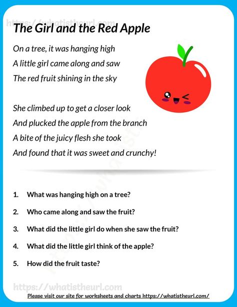 This reading comprehension can be used for Grade 3 or Grade 4 students.  This is a small poem about an apple and a girl.Please download the PDF The Girl and the Red Apple – Reading Comprehension (G3) Poetry Comprehension Worksheets, Poetry Comprehension, 2nd Grade Reading Comprehension, Poems About School, Picture Comprehension, Kids Printable Coloring Pages, Small Poems, Reading Comprehension For Kids, Visual Perception Activities