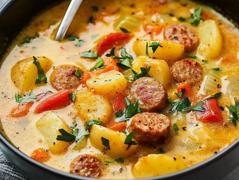 Cajun Potato Soup, Slow Cooker Cajun, Sausage And Potato Soup, Cajun Potatoes, Andouille Sausage, Andouille, Crock Pot Soup, How To Cook Sausage, Creamy Soup