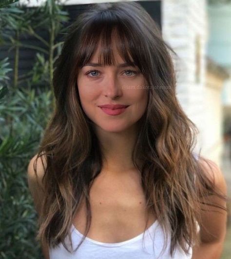 Dakota Johnson Hair, Haircut Tip, New Hair Do, Honey Brown Hair, Hair With Bangs, Long Hair With Bangs, Penteado Cabelo Curto, Hair Color Balayage, Good Hair Day