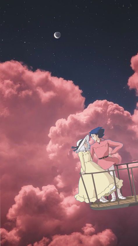 #haru #sophie #studioghiblicollection #holwsmovingcastel #lovequotes #anime #clouds #moon #pink #rosalia Pink Aesthetic Studio Ghibli, Pink Howls Moving Castle Wallpaper, Ghibli Pink Wallpaper, Pink Ghibli Wallpaper, Pink Ghibli Aesthetic, Studio Ghibli Pink Aesthetic, Pink Studio Ghibli, Pink Ghibli, Hannah Aesthetic