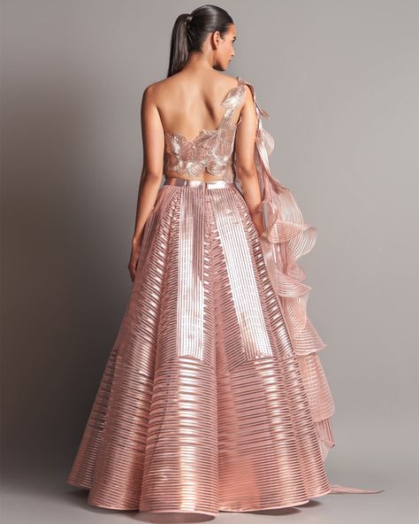 Blush Pink Corded Metallic Structured Lehenga Set | Amit Aggarwal Amit Aggarwal, Engagement Lehenga, Draped Blouse, Futuristic Fashion, Indian Clothing, Embroidered Neckline, Indian Designer Outfits, Pink Tulle, Indian Attire