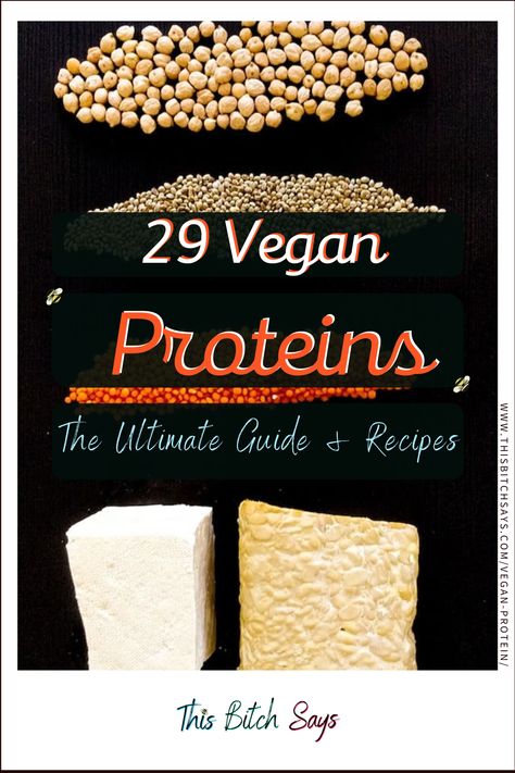 This complete guide to vegan proteins includes 29 different protein options. Each vegan protein on the list tells you the essential amino acids of the protein, provides a nutritional breakdown (calories, fat, carbs, protein, top 3 nutrients, and amino acids), and includes 4 recipes that you can make with that vegan protein option (that's over 100 vegan recipes). Whether you're trying to decrease meat consumption, start vegan, or have been eating vegan for a while, these protein ideas can help! Best Vegan Protein Sources, Vegan Proteins, Vegan Protein Options, Protein Options, Protein Ideas, Vegan Protein Sources, Eating Vegan, Vegan Protein, Protein Sources