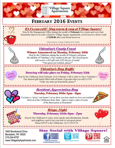 February Apartment Resident Events, Resident Valentines Day Ideas, Resident Of The Month Ideas, Resident Newsletter Ideas, Resident Engagement Ideas, Apartment Activities For Residents, February Events For Residents, Valentines Resident Events, January Events For Residents