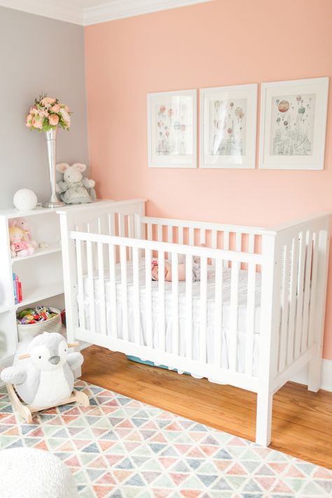 Grey And Coral Nursery, Salmon Pink And Gray Bedroom, Peach And Grey Nursery, Coral Nursery Ideas Girl, Coral Playroom, Peach Baby Room, Peach Nursery Girl, Baby Girl Nursery Color Schemes, Peach Nursery Ideas