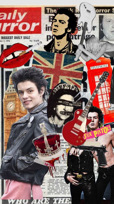 British Punk Aesthetic, Uk Grunge, 80s Collage, Punk Moodboard, Living In London Aesthetic, London 80s, 80s London, Punk Symbols, Guitar Dark