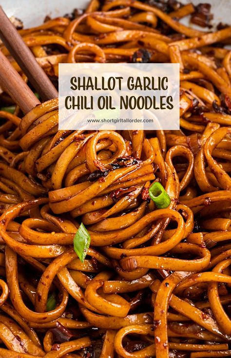 These spicy chili oil noodles are made with shallots, garlic, & a homemade Chinese chili oil sauce served over udon or ramen noodles. You will love this easy & vegan chili oil noodle recipe with garlic & shallots! #chilioilnoodles Spicy Yakisoba Noodles, Chili Garlic Udon Noodles, Chili Crisp Noodles, Udon Recipes, Garlic Chili Oil Noodles, Spicy Chili Oil, Chili Oil Noodles, Spicy Asian Noodles, Healthy Noodle Recipes