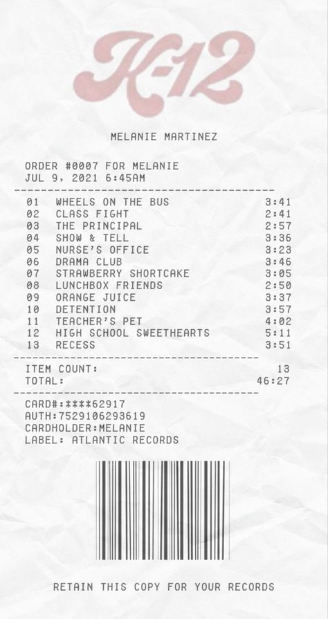 K 12 Song List, Melanie Martinez Album Receipt, Vintage Melanie Martinez Poster, K-12 Receipt, Melanie Martinez Poster Aesthetic, Melanie Martinez Receipt, Album Receipts Aesthetic, Song Receipts, Music Receipt