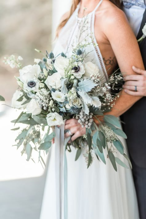 Eucalyptus, anemone and lamb's ear wedding bouquet. #naturalbouquet #romanticwedding Lambs Ear Wedding, Pretty Wedding Bouquet, Greenery Wedding Bouquet, Wedding Flower Guide, Modeling Photos, Lamb's Ear, Boho Wedding Inspiration, Dusty Blue Weddings, Lambs Ear