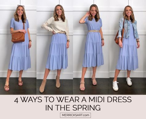 4 Ways to Wear a Midi Dress in Spring - Merrick's Art Midi Dress With Shirt Over, Spring 2023 Looks, Shoes To Wear With Midi Dress, Midi Dress Sneakers Outfit, One Dress Multiple Outfits, Dresses With Flats, Layered Dress Outfit, What To Wear Over A Dress, Midi Skirt Styling