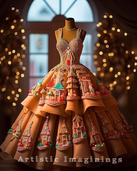 Vishma Maharaj on Instagram: "꧁༺ 𝓖𝓲𝓷𝓰𝓮𝓻𝓫𝓻𝓮𝓪𝓭 𝓕𝓵𝓪𝓲𝓻 ༻꧂ . How sweet is this collection?! Do you have a favorite? #gingerbread #gingerbreadfashion #fashion #fantasyart #fashiondesign #conceptart #conceptdesign #aiconcept #cosplay #cottagecore #faefolk #designconcept #imagination #artisticimaginings" Vishma Maharaj, Gingerbread Outfit, Bridal Table, House Clothes, Fashion Gowns, Futuristic Fashion, Couture Details, Christmas Costumes, Jolie Photo