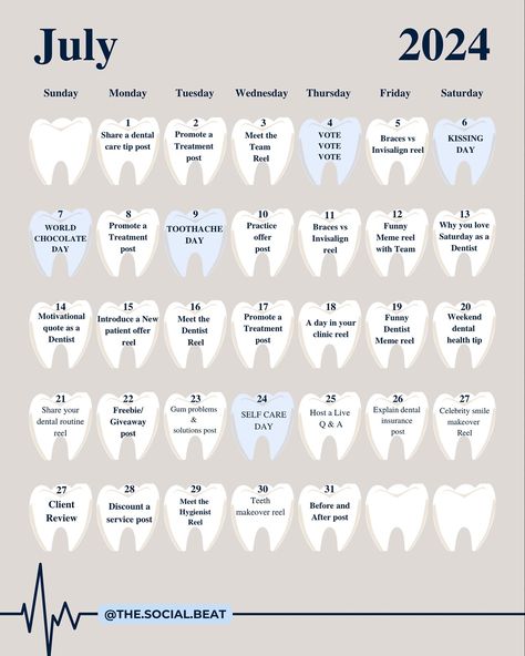 July is officially here! Summer has officially started and kids have no more school but don’t know what to post?? 😱😱😱 Have no fear your calendar is here.🤩🤩 Save this to know what to post for a whole Month!💃🕺💃🕺 Need more help? Don’t know how to create content or don’t have time to manage your socials? 🥲 I offer monthly content calendar plans… 🦷 DM me the word “CONTENT” and let’s chat. 💌💌 Don’t forget to share this with your dental bestie - - - - - #dentalsocialmediamanager #socialmedi... Dental Instagram Post Ideas, Dental Post Ideas, Dental Social Media Posts, Dental Marketing Ideas Social Media, Monthly Content Calendar, Dental Instagram, Dental Content, Dentist Social Media, Content Template