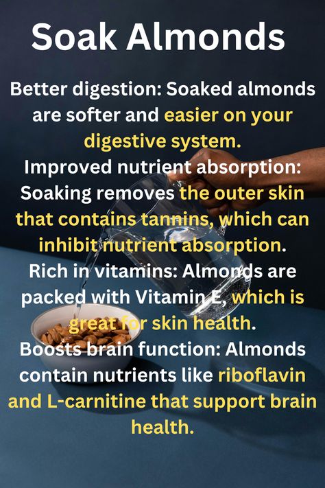 Discover the amazing benefits of soaked almonds! Soaking almonds enhances nutrient absorption, boosts digestion, and promotes heart health. Rich in vitamins, minerals, and healthy fats, soaked almonds can help improve skin health and provide long-lasting energy. Learn how to soak almonds easily at home to enjoy their full benefits. Perfect as a healthy snack or addition to your meals, soaked almonds are a nutritious choice for anyone looking to enhance their diet. Almonds Benefits, Almond Benefits, Soaked Almonds, Nutrient Absorption, Brain Function, Digestive System, Brain Health, Heart Health, Improve Skin