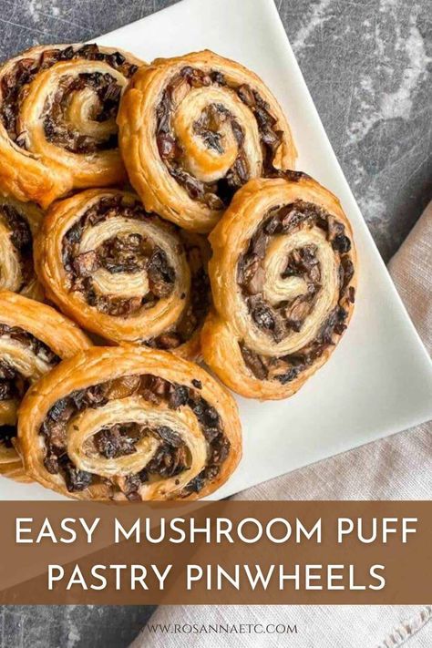 Party Appetizers Christmas, Mushroom Pinwheels, Freezable Appetizers, Party Food Ideas Christmas, Appetizers Puff Pastry, Easy Pinwheels, Mushroom Puff Pastry, How To Make Pinwheels, Pastry Pinwheels