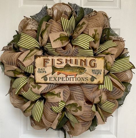 Fishing Wreath, Sports Wreath, Colourful Fish, Sports Wreaths, Green Fish, Lake Beach, Burlap Lace, Fishing Decor, Printed Ribbon