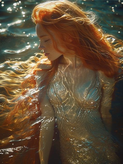 Redhead Mermaid Aesthetic, Ginger Mermaid, Sun Mermaid, Ocean Fairy, Queen Of Fire, Golden Mermaid, Mermaid Lagoon, Enchanted Wood, Mermaid Painting