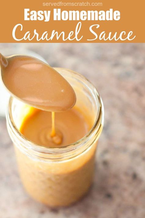 a spoon with some homemade caramel sauce over a mason jar with Pinterest pin text. Maple Caramel, Ice Cream Sauce, Caramel Sauce Recipe, Maple Recipes, Maple Syrup Recipes, Caramel Recipes Sauce, Whiter Teeth, Homemade Caramel Sauce, Homemade Syrup