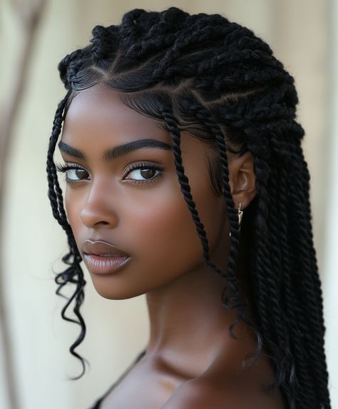 Box Braids Ponytail and Curls Thick Twist Braids Hairstyles, Braid Twists Styles Black Hair, Twist Braids With Curls, Box Braids Ponytail, Braids Hairstyles With Curls, Color Braids, Braids Ponytail, African Ladies, Short Box Braids Hairstyles