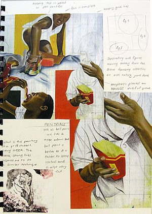 Another sketchbook page by Nikau Hindin, showing compositional studies – plans and evaluation of her own A2 paintings. Content Page Layout, Sketchbook Pictures, Art Sketchbook Layout, Art A Level, Sketchbook Presentation, Student Art Guide, Sketchbook Tips, Hummingbird Sketch, Art Coursework