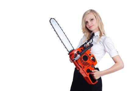 Picture of Businesswoman with chainsaw isolated on white stock photo, images and stock photography. Image 51100430. Holding Chainsaw Pose Reference, Chainsaw Pose, Basic Poses, Body Reference Poses, Mini Comic, Human Poses Reference, Human Poses, Character Poses, White Stock