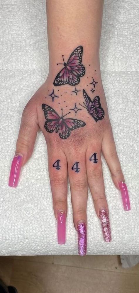 Pink Tattoo Ink, Purple Butterfly Tattoo, Butterfly Tattoos On Arm, Purple Tattoos, Butterfly Hand Tattoo, Pink Tattoo, Hand Tattoos For Girls, Cute Hand Tattoos, Pretty Hand Tattoos