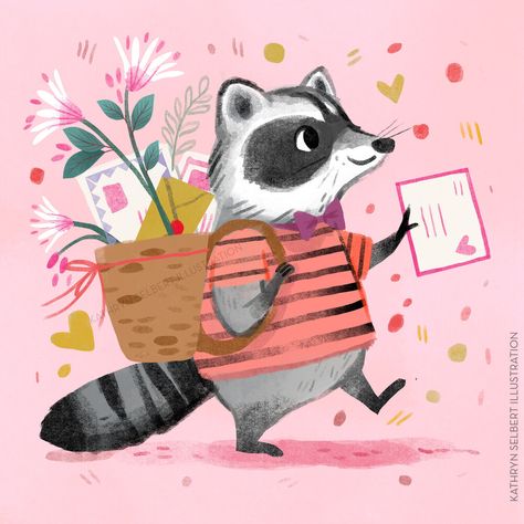 Racoon Illustration, Valentines Illustration, 동화 삽화, Animal Character, Ipad Art, Racoon, Special Delivery, Childrens Illustrations, Children's Book Illustration