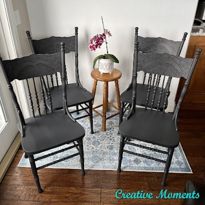 Creative Moments: Pressed Back Dining Chairs done in Classic Black Pressed Back Chairs Makeover, Black Table And Chairs, Pressed Back Chairs, Milk Paint Furniture, Refinish Furniture, White Chairs, Painted Desk, Chair Makeover, Antique Kitchen