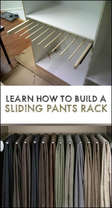 Improve access to your wardrobe by building a sliding pants rack! See the step-by-step tutorial here... Dressing Design, Rustic Woodworking, Pants Rack, Closet Renovation, Closet Layout, Closet Remodel, Bedroom Closet Design, Wardrobe Design Bedroom, Wood Ideas