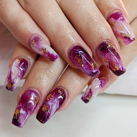 Lauren on Instagram: “Marble nails with gold leaf 😍 @emmarachelann #beautybylaurennorwich #beautybylauren #marblenails #coffinnails #purplenails #goldleaf…” Nails With Gold Leaf, Marble Nails With Gold, Purple And Gold Marble, Purple Marble Nails, Nails With Gold, Luxury Purple, Golden Nails, Marble Nail, Polygel Nails