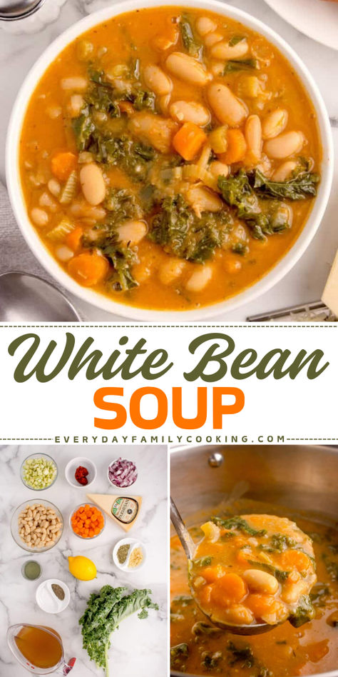 This white bean soup comes together with fresh vegetables and easy pantry ingredients, making it perfect for a weeknight dinner as a family. White Bean Vegetable Soup, Easy White Bean Soup, White Bean Recipe, Potato White Bean Soup, Easy Bean Soup, Soup Tortellini, White Bean Stew, Bean And Vegetable Soup, White Bean Recipes