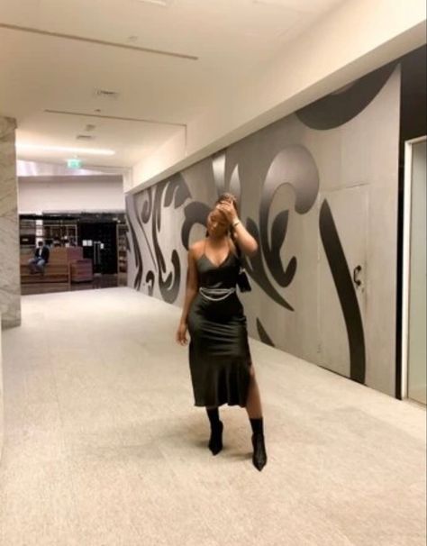 Black Silk Dress Short With Boots, Silk Dress With Knee High Boots, Satin Dress With Boots Short, Satin Dress With Turtle Neck, Satin Dress With Boots Slip, Satin Dress With Boots Outfit, Black Silk Midi Dress Outfit Winter, Silk Dress With Boots, Satin Dress With Boots