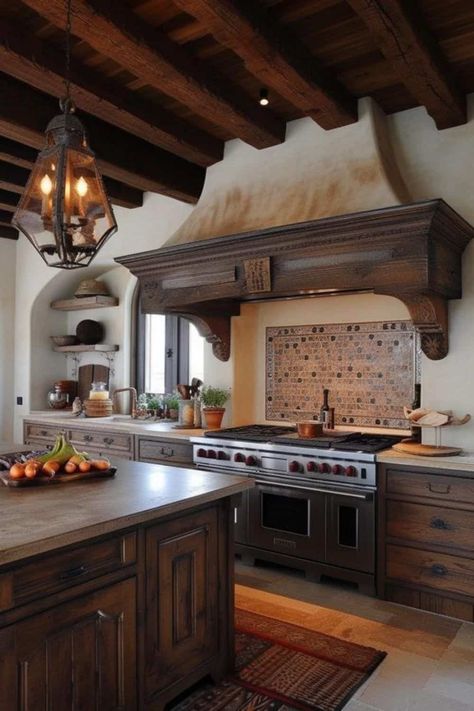 modern spanish inspired kitchen with large range hood Spanish Inspired Kitchen, Modern Spanish Kitchen, Spanish Kitchens, Mexican Living Room, Spanish Kitchen Design, Hacienda Style Kitchen, Modern Mexican Home, Modern Hacienda, Spanish Style Kitchen