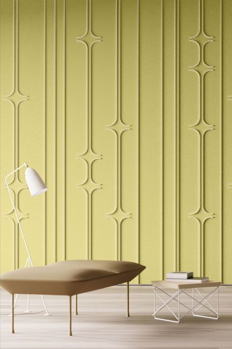 Felt Interior Design, Acoustic Interior Design, Minimal Wall Panelling, Japandi Wall Panel, Interior Design Feature Wall, Groove Pattern On Wall, Wall Pannel Ideas, Decorative Panels Interior, Mexico Night