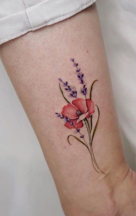 91 Tattoo, Colorful Flower Tattoo, Poppy Flower Tattoo, Lavender Tattoo, Watercolor Tattoo Flower, Mommy Tattoos, Poppies Tattoo, Beautiful Flower Tattoos, Mother Tattoos