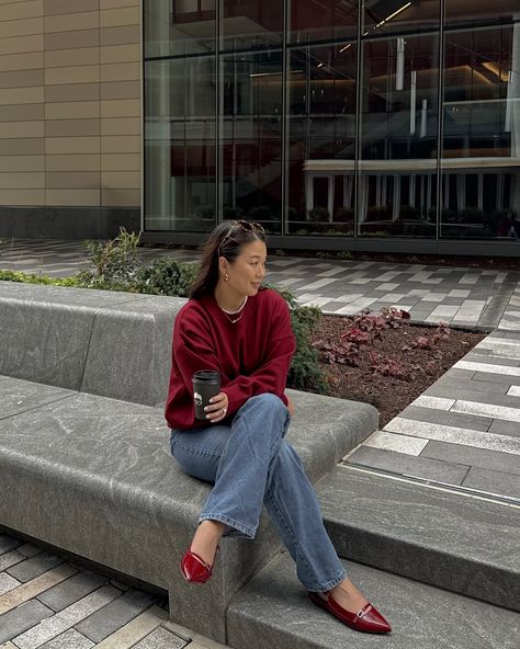 another burgundy outfit from your burgundy loving girl! Will you be wearing burgundy this season? . . . . . . fall fashion. fall outfits. fall outfit ideas. burgundy outfits. cherry red. minimal style. just girly things. pinterest outfits. burgundy shoes. ootd. parisian style. nakd fashion. fall denim. fall shoes. ballet flats. zara outfits. burgundy sweater. #burgundy #fallfashion #falloutfits Burgundy Shoes Outfit Ideas, Cherry Red Sweater Outfit, Denim And Burgundy Outfit, Ballet Flats Fall Outfit, Burgundy Ballet Flats Outfit, Cherry Red Shoes Outfit, Burgundy Flats Outfit, Red Flat Shoes Outfit, Red Ballet Flats Outfit