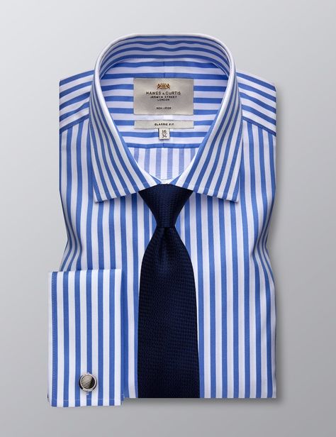 White And Blue Dress, Shirt And Tie Combinations, Vertical Striped Shirt, Blue White Dress, Blue Dress Shirt, Shirt Outfit Men, Hawes And Curtis, White Dress Shirt, Double Cuff