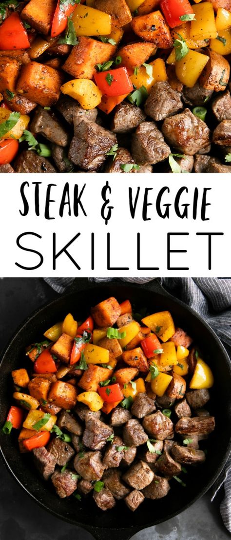 Tender Sirloin Steak, Steak Bites With Sweet Potatoes, Steak And Sweet Potato, Steak Chili Recipe, Sweet Potato Skillet Recipes, Healthy Steak, Veggie Skillet, Potato Skillet, Steak Potatoes