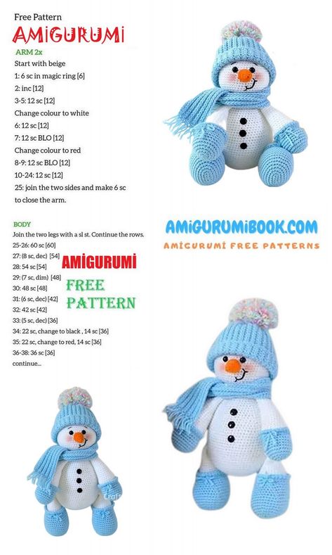 Christmas Snowman Amigurumi Free Pattern – Amigurumibook.com Crocheted Snowman, Snowman Crochet Pattern, Snowman Amigurumi, Beanie Hat Crochet Pattern, Angel Pattern, Crocheted Animals, Crochet Christmas Ornaments Free, Christmas Crochet Patterns Free, Crochet Angel