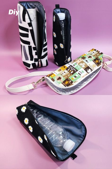 Cell Phone Holders, Bottle Bag Diy, Bottle Holder Diy, Diy Cooler Bag, Diy Water Bottle Holder, Water Bottle Bag Sewing Pattern, Water Bottle Covers Sewing, Water Bottle Holder Pattern Sewing, Diy Insulated Water Bottle Holder