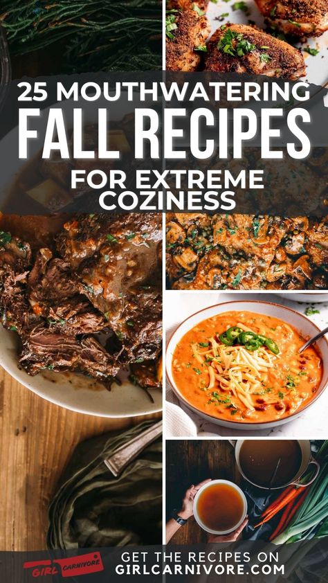 🍁 Fall in love with flavor! 🥘 Dive into our top 25 fall recipes that'll warm your soul and satisfy your cravings this autumn. From smoky roasts to hearty stews, we've got your seasonal menu covered. Trust the meat experts at GirlCarnivore to bring you the best dishes for those crisp fall days. Perfect for cozy nights in, game day parties, or impressing at holiday gatherings. Don't let fall pass you by without trying these incredible recipes! 🥩🍗🍖 #FallRecipes #ComfortFood #GirlCarnivore Canceling Plans, Best Fall Recipes, Meat Ideas, Pork Roast In Oven, Carnivore Recipes, Chicken Quarters, Fall Fun Food, Roasted Pork Tenderloins, Chicken Enchilada Soup