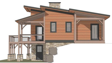 Timber Frame Floor Plans, Capira, Sloping Lot House Plan, Timber Frame Design, Open Concept Great Room, Timber Frame House, Beam Structure, Modern Shed, Shed Plan