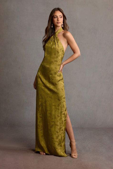 Enter your soft girl era in the Hayden Halter Neck Maxi Dress. This stunner is cut from a beautiful butterfly jacquard fabric, combining a feminine silhouette and an open back. Wear this style to your next special occasion or wedding reception. Fall Wedding Guest Dress Cold, Mustard Green Dress, Disco Wedding Guest Dress, Cocktail Rehearsal Dinner Outfit Guest, Asian Wedding Guest Outfit, Halter Wedding Guest Dress, Chartreuse Bridesmaids Dresses, Montana Wedding Guest Outfit, European Wedding Guest Dress