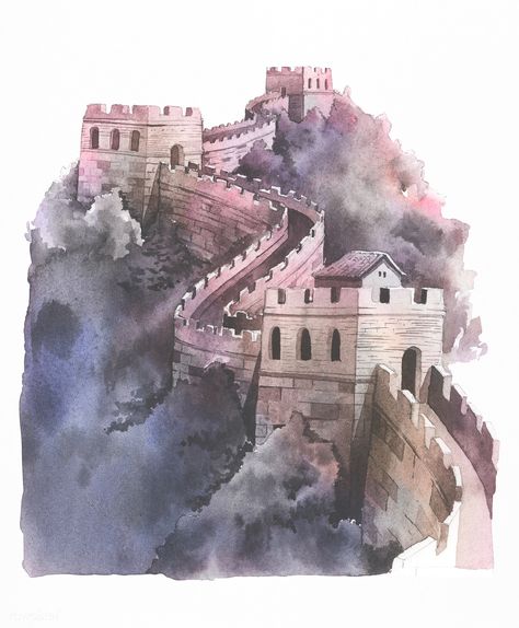 The Great Wall of China painted by watercolor | free image by rawpixel.com China Watercolor, Chinese Icon, Chinese Drawing, Icon Set Design, About China, Mountain Drawing, Paintings Famous, Great Wall Of China, Chinese Architecture