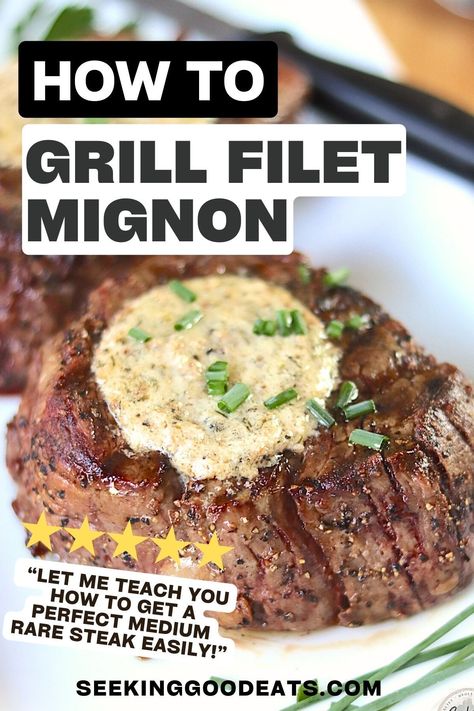 Let me teach you how to grill a filet mignon to perfection every time! Achieve the perfect medium rare filet that is juicy, tender, and super easy to do. Pair with your favorite sides and make my easy herb butter to top your steak for a luxurious finish. The perfect low-carb, high-protein meal any night of the week! Kitchen Swagger, Perfect Filet Mignon, Filet Mignon Recipe, Rosemary Salt, Mignon Steak, Filet Mignon Recipes, Filet Mignon Steak, Tenderloin Steak, Cooking The Perfect Steak