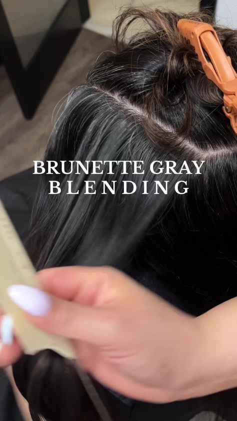 Brunette Gray Blending, Gray Coverage Highlights, Brown With Grey Highlights, Brown Hair Going Grey, Dark Grey Hair Color, Hair Tiktok, Gray Blending, Dark Grey Hair, Gray Streaks