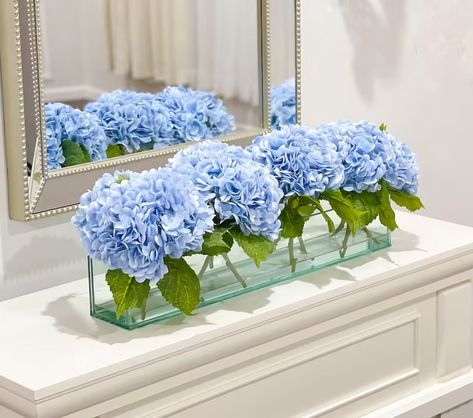 Artificial French Hydrangea Centerpiece In Long Glass Vase – Flovery Hydrangea Decorations, Fake Flower Table Centerpieces, Simple Hydrangea Arrangements, Hydrangeas Garden, Hydrangea Arrangements For Home, Centerpieces Wedding Hydrangea, Fake Hydrangea Arrangements, Blue Flowers Wedding Decoration, Dining Table Arrangements