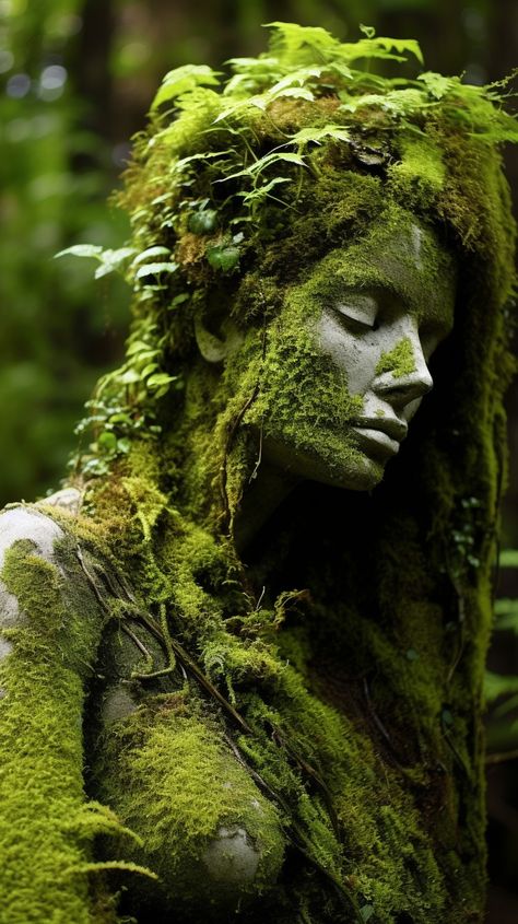 Statue Covered In Moss, Mother Nature Personified, Biodiversity Art, Moss Tattoo, Elven Garden, Mother Nature Art, Elven Kingdom, Wood Fairy, Forest Homes