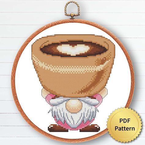 Coffee Gnome, Cross Stitch Pattern Easy, Gnome Cross Stitch, Unique Cross Stitch, Nature Cross Stitch, Sweet Coffee, Cat Cross Stitch Pattern, Selling Design, Cat Cross Stitch