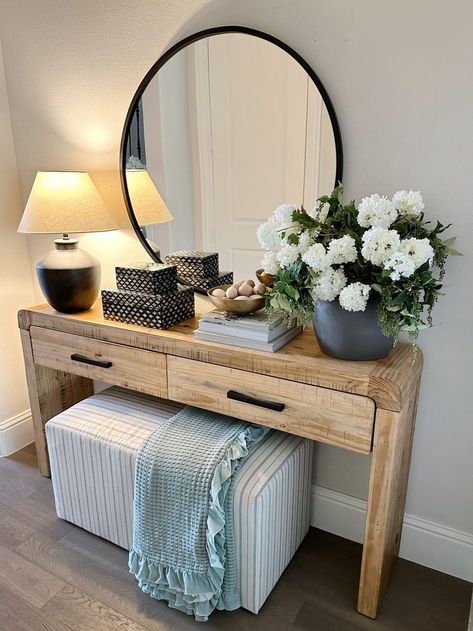 Entryway Console Table Decorating, Console Design Modern, Styling Console Table, Woven Bed, Table With Bench, Table Behind Couch, My Texas House, Console Table Styling, Console Table Decorating